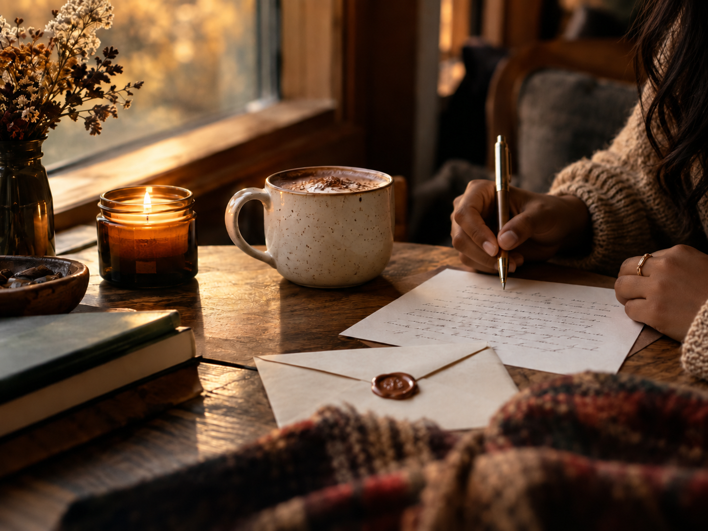 Una tarde cálida de otoño con una mujer morena de cabello oscuro escribiendo una carta junto a una taza y una vela.